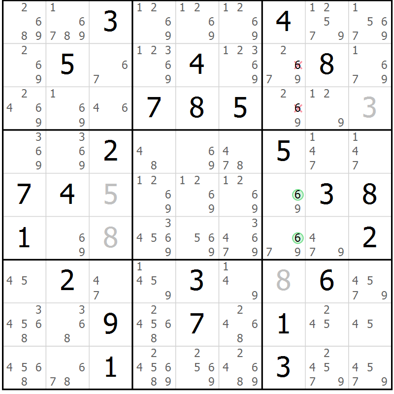 Position des candidats pour la solution de la Gr 74 page 77 du magazine de sudoku Extrême n° 042
