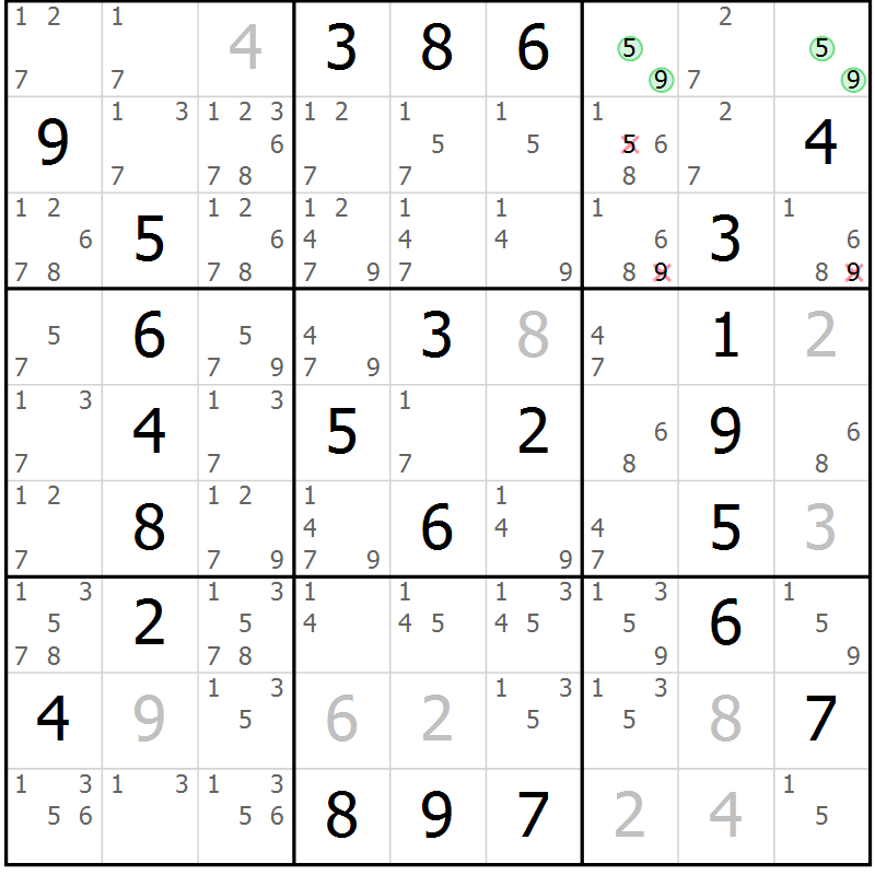 Position des candidats pour la solution de la Gr 76 page 79 du magazine de sudoku Extrême n° 042