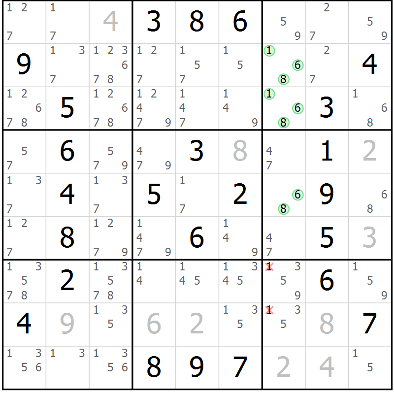 Position des candidats pour la solution de la Gr 76 page 79 du magazine de sudoku Extrême n° 042