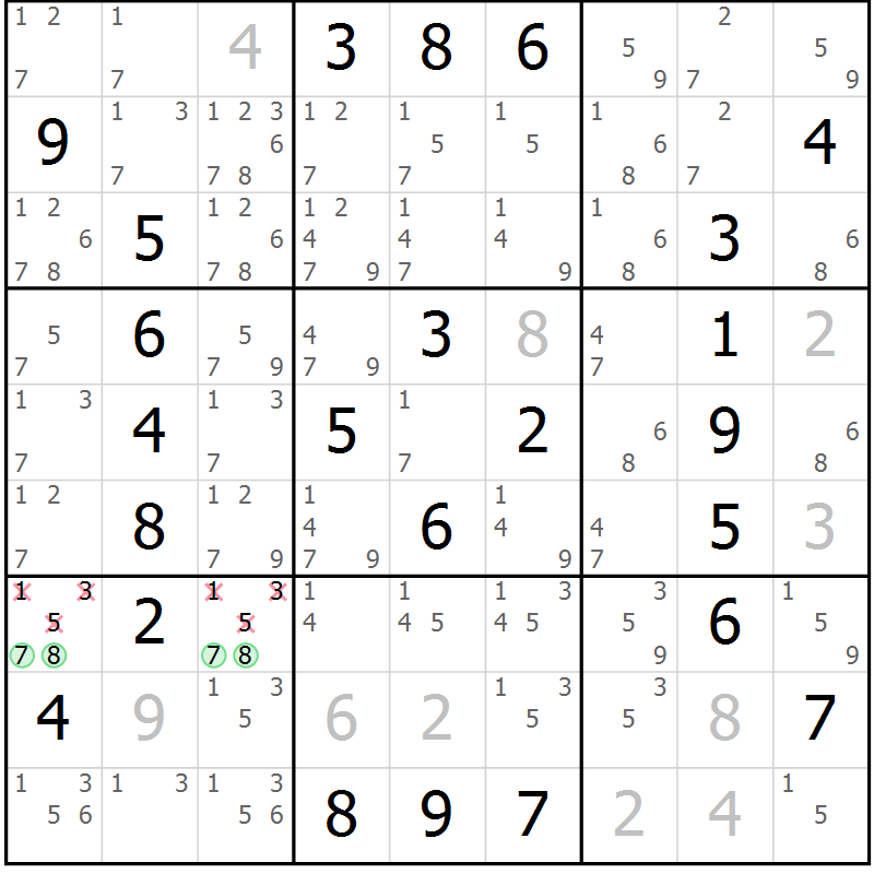 Position des candidats pour la solution de la Gr 76 page 79 du magazine de sudoku Extrême n° 042