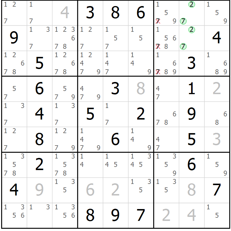 Position des candidats pour la solution de la Gr 76 page 79 du magazine de sudoku Extrême n° 042