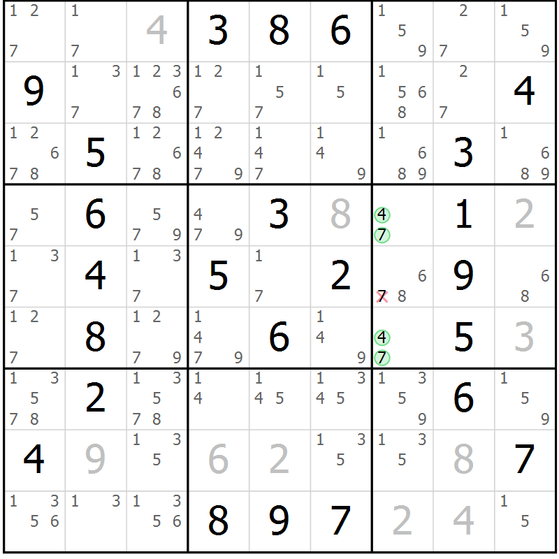 Position des candidats pour la solution de la Gr 76 page 79 du magazine de sudoku Extrême n° 042
