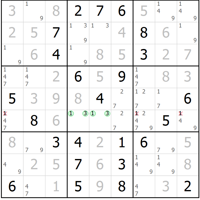 Position des candidats pour la solution de la Gr 81 page 84 du magazine de sudoku Extrême n° 042