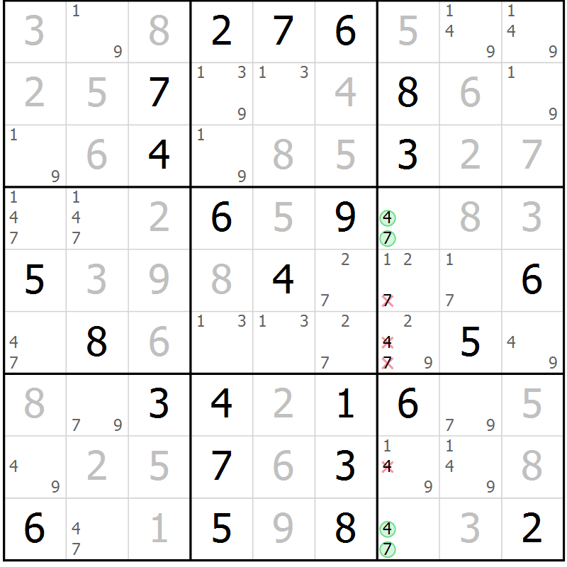 Position des candidats pour la solution de la Gr 81 page 84 du magazine de sudoku Extrême n° 042