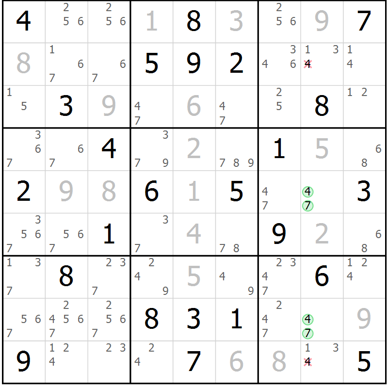 Position des candidats pour la solution de la Gr 82 page 85 du magazine de sudoku Extrême n° 042
