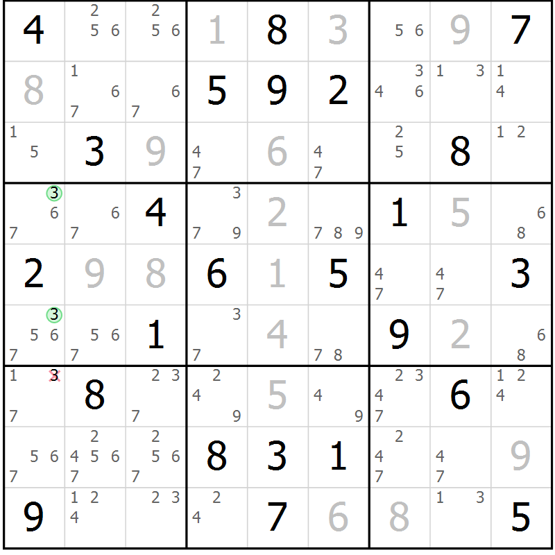 Position des candidats pour la solution de la Gr 82 page 85 du magazine de sudoku Extrême n° 042
