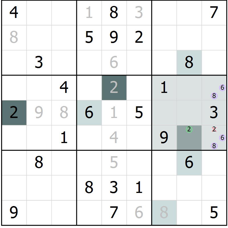 Position des candidats pour la solution de la Gr 82 page 85 du magazine de sudoku Extrême n° 042