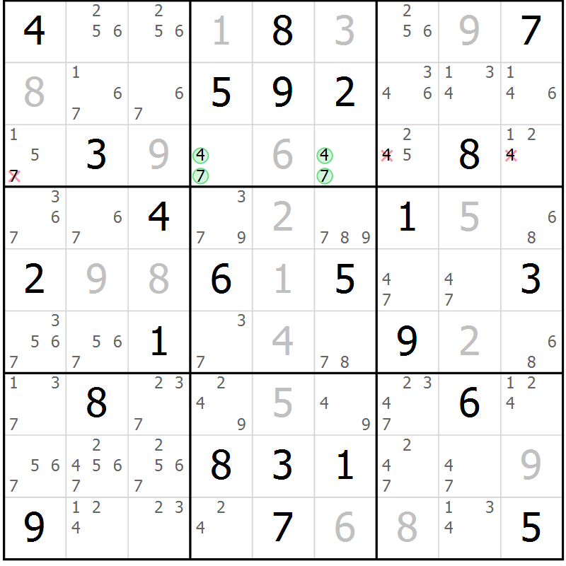 Position des candidats pour la solution de la Gr 82 page 85 du magazine de sudoku Extrême n° 042