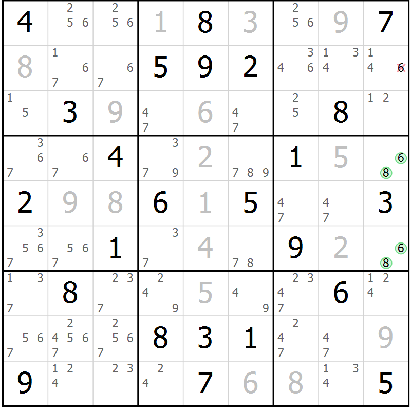 Position des candidats pour la solution de la Gr 82 page 85 du magazine de sudoku Extrême n° 042