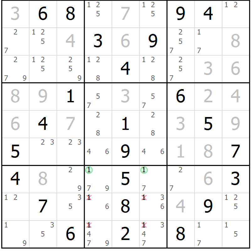Position des candidats pour la solution de la Gr 84 page 87 du magazine de sudoku Extrême n° 042