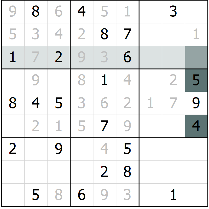 Position des candidats pour la solution de la Gr 23 page 25 du magazine de sudoku Success n° 007