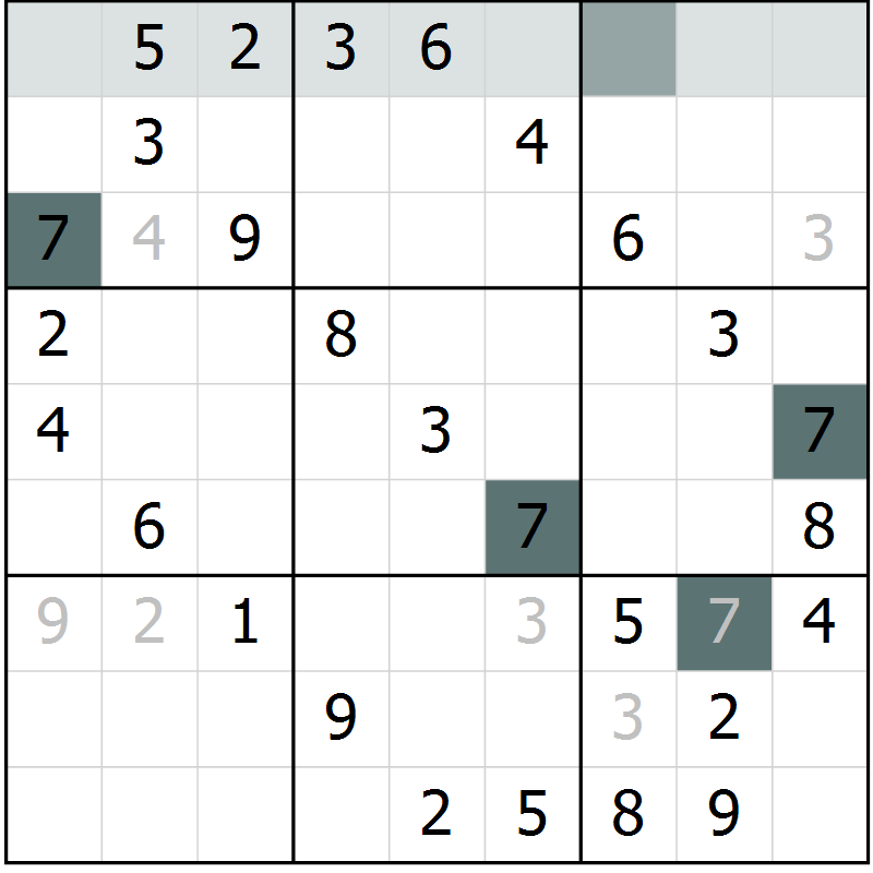 Position des candidats pour la solution de la Gr 25 page 27 du magazine de sudoku Success n° 007