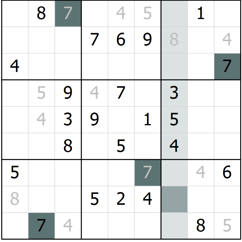 Position des candidats pour la solution de la Gr 27 page 29 du magazine de sudoku Success n° 007
