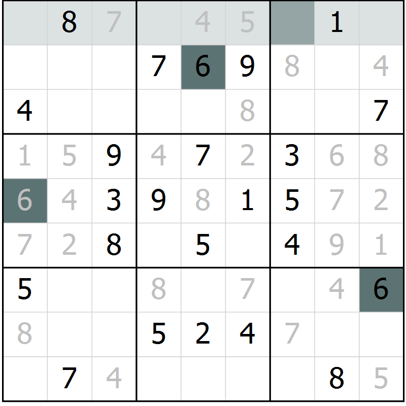 Position des candidats pour la solution de la Gr 27 page 29 du magazine de sudoku Success n° 007