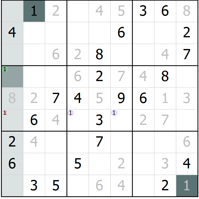 Position des candidats pour la solution de la Gr 33 page 35 du magazine de sudoku Success n° 007