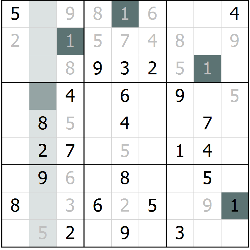 Position des candidats pour la solution de la Gr 44 page 46 du magazine de sudoku Success n° 007