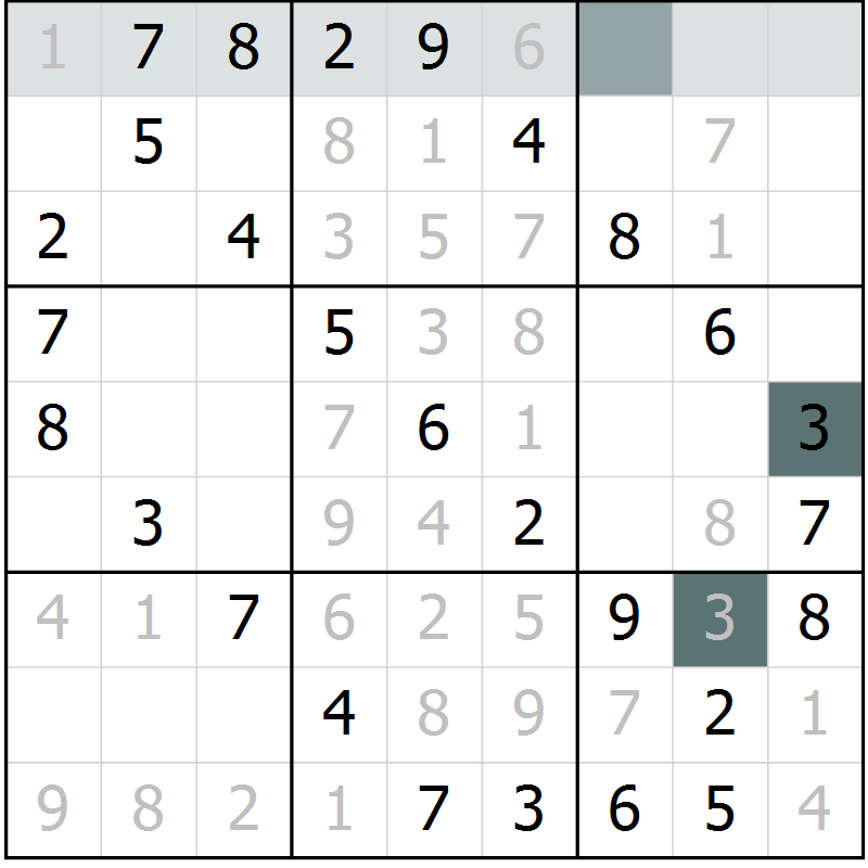 Position des candidats pour la solution de la Gr 45 page 47 du magazine de sudoku Success n° 007