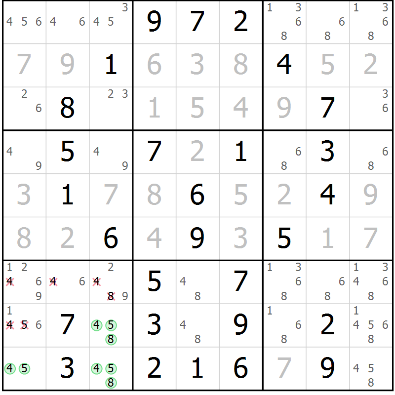 Position des candidats pour la solution de la Gr 52 page 54 du magazine de sudoku Success n° 007