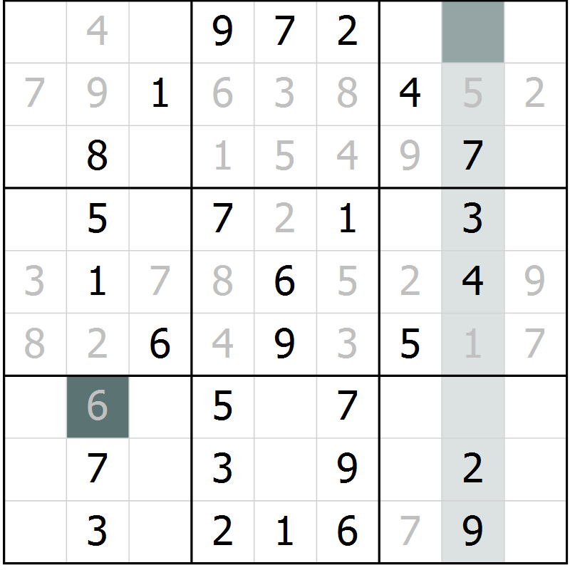Position des candidats pour la solution de la Gr 52 page 54 du magazine de sudoku Success n° 007