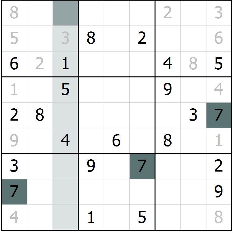 Position des candidats pour la solution de la Gr 53 page 55 du magazine de sudoku Success n° 007