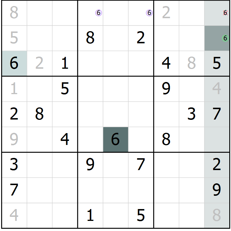 Position des candidats pour la solution de la Gr 53 page 55 du magazine de sudoku Success n° 007