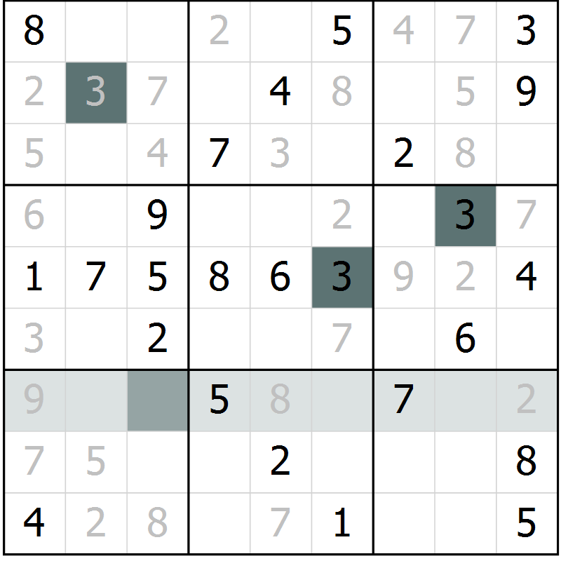 Position des candidats pour la solution de la Gr 55 page 57 du magazine de sudoku Success n° 007