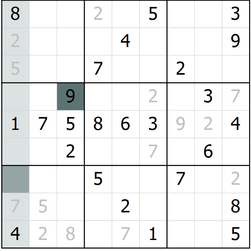 Position des candidats pour la solution de la Gr 55 page 57 du magazine de sudoku Success n° 007