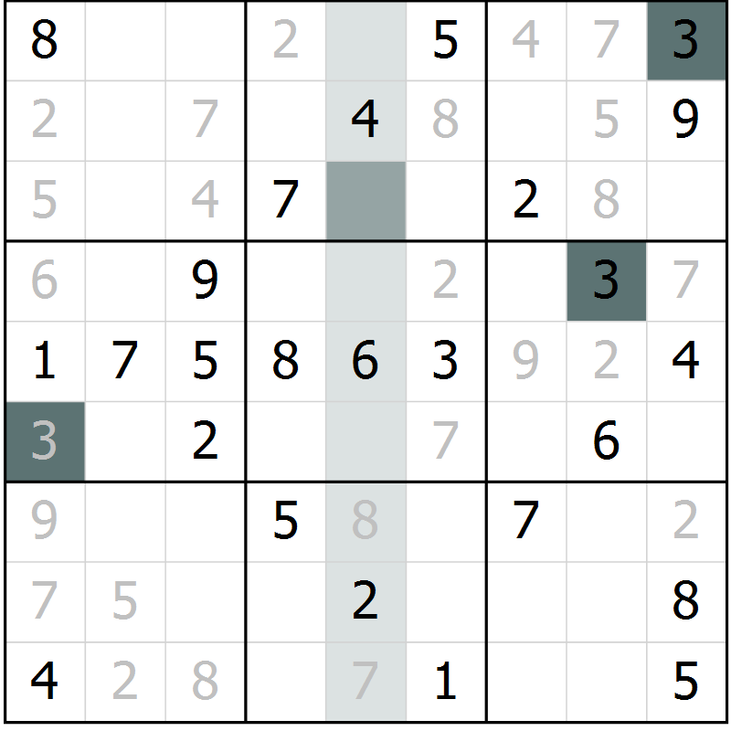 Position des candidats pour la solution de la Gr 55 page 57 du magazine de sudoku Success n° 007