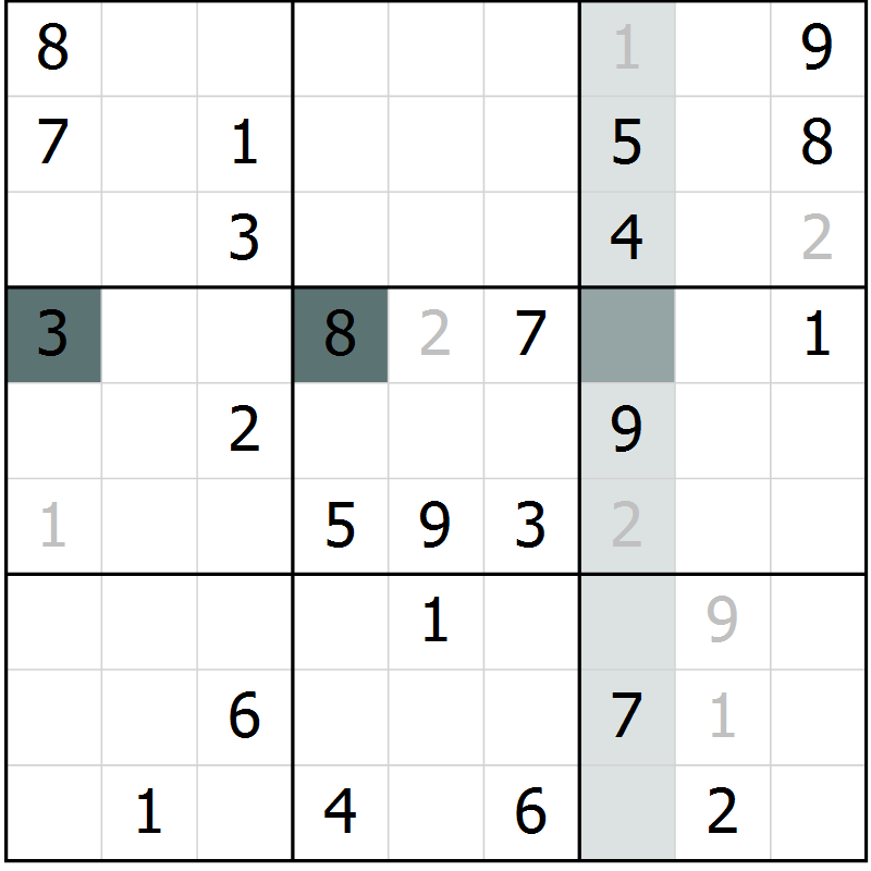 Position des candidats pour la solution de la Gr 56 page 58 du magazine de sudoku Success n° 007