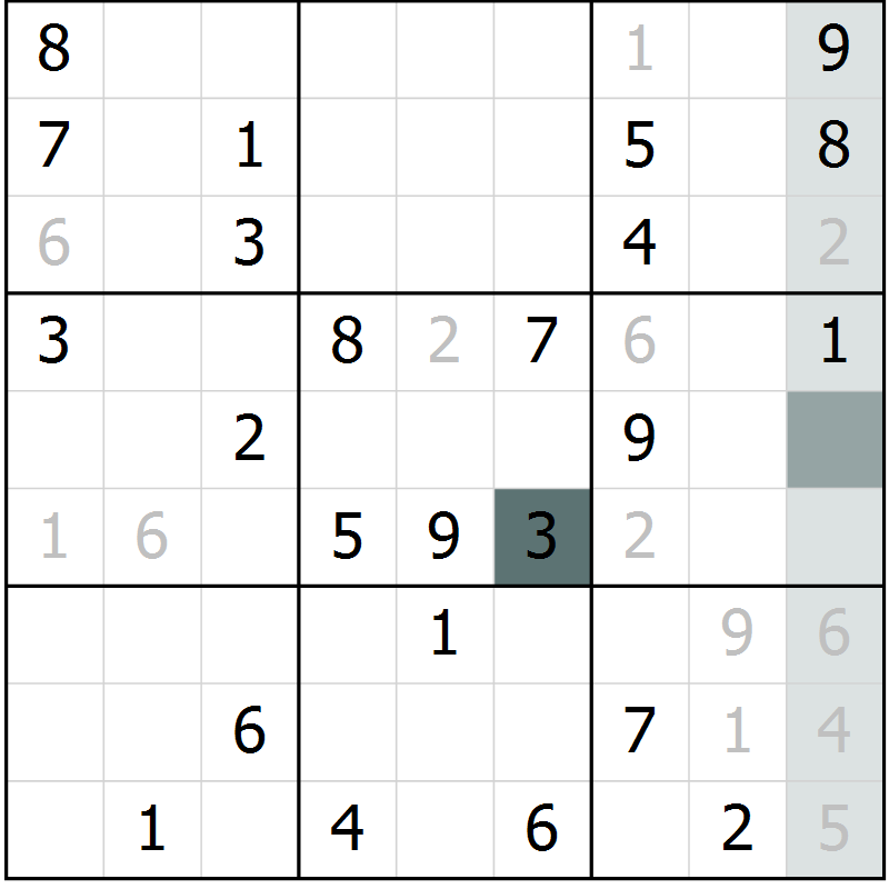 Position des candidats pour la solution de la Gr 56 page 58 du magazine de sudoku Success n° 007