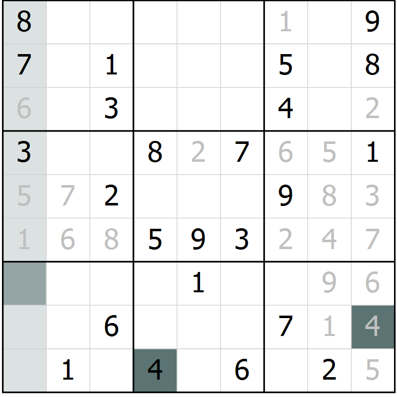 Position des candidats pour la solution de la Gr 56 page 58 du magazine de sudoku Success n° 007