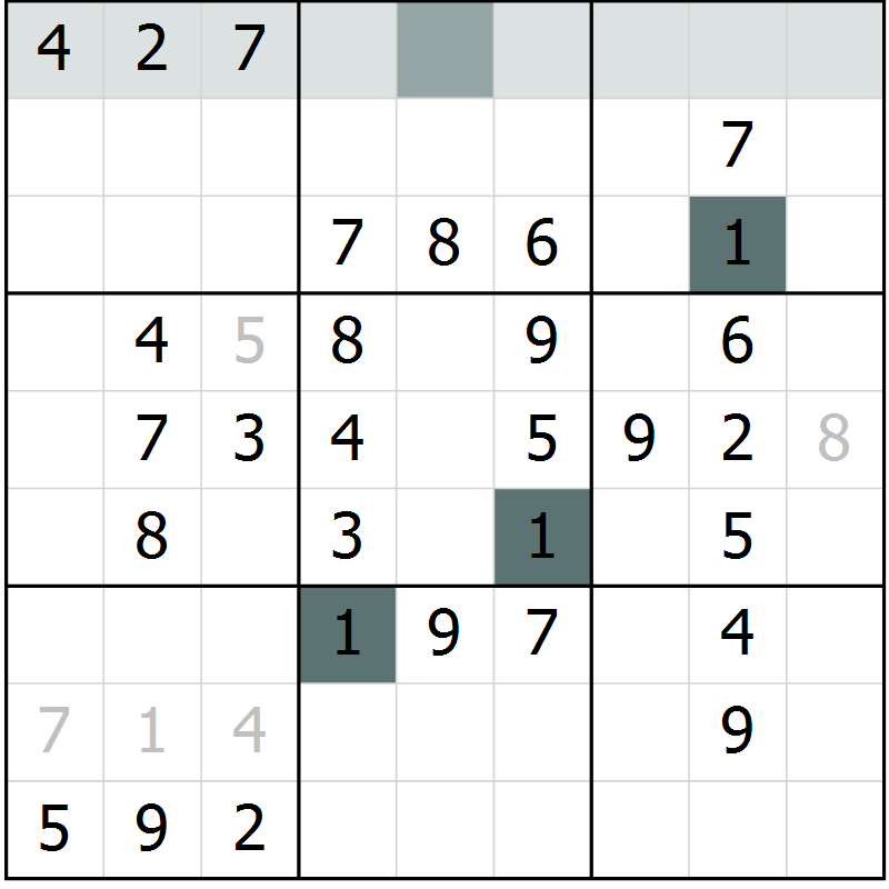 Position des candidats pour la solution de la Gr 59 page 61 du magazine de sudoku Success n° 007