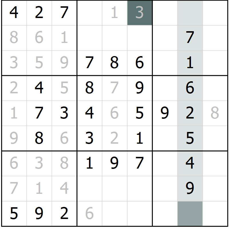 Position des candidats pour la solution de la Gr 59 page 61 du magazine de sudoku Success n° 007