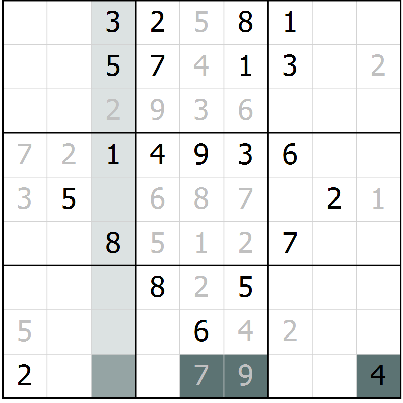 Position des candidats pour la solution de la Gr 72 page 74 du magazine de sudoku Success n° 007