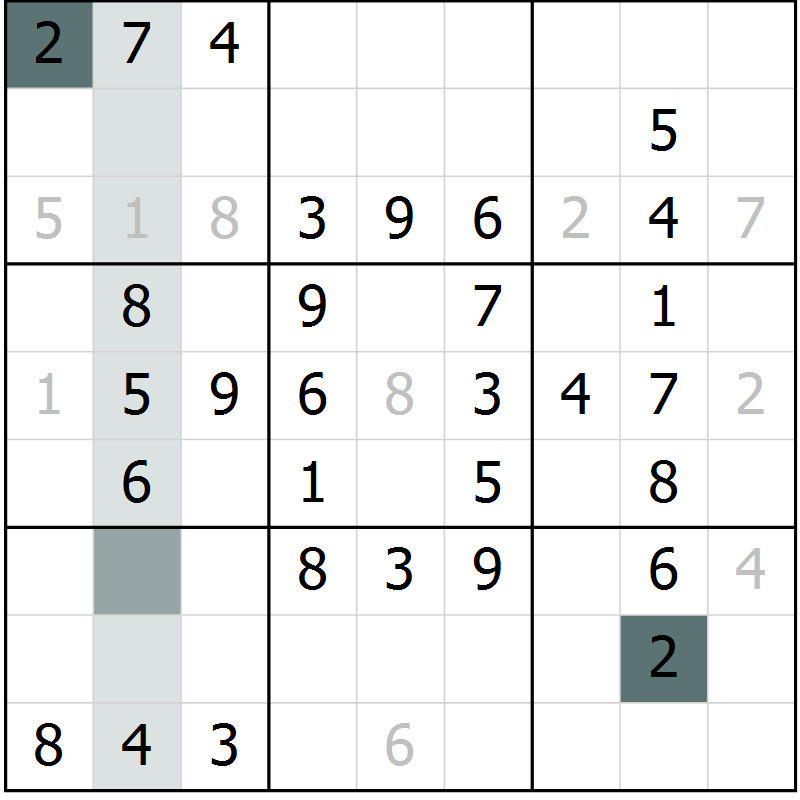 Position des candidats pour la solution de la Gr 73 page 75 du magazine de sudoku Success n° 007