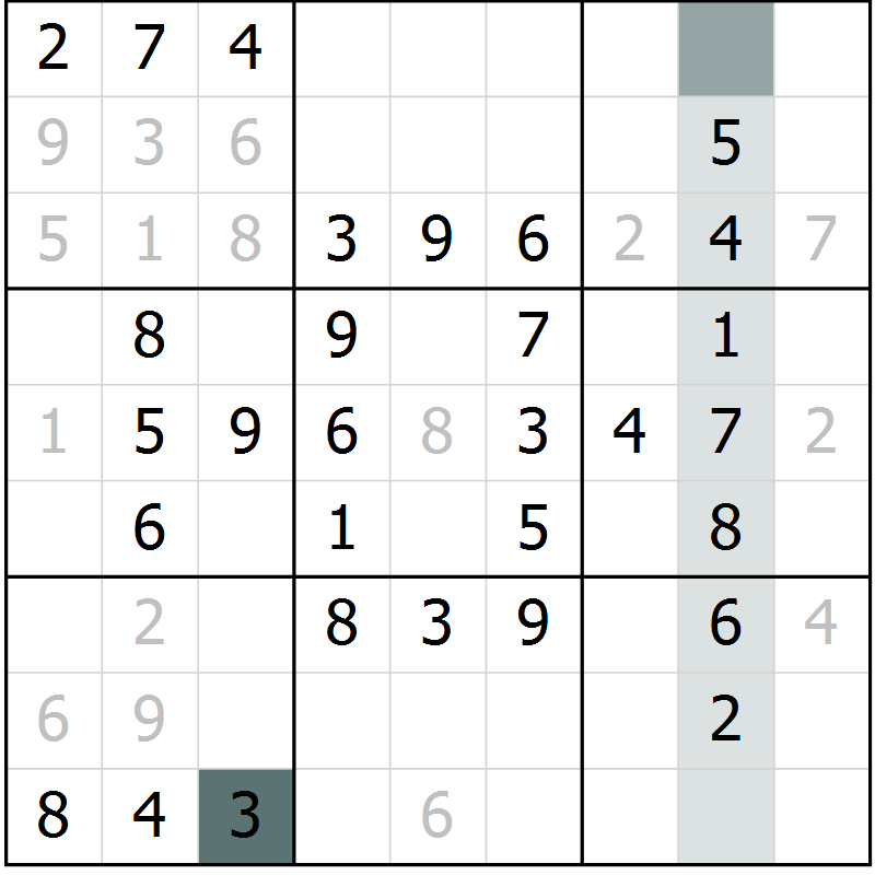 Position des candidats pour la solution de la Gr 73 page 75 du magazine de sudoku Success n° 007