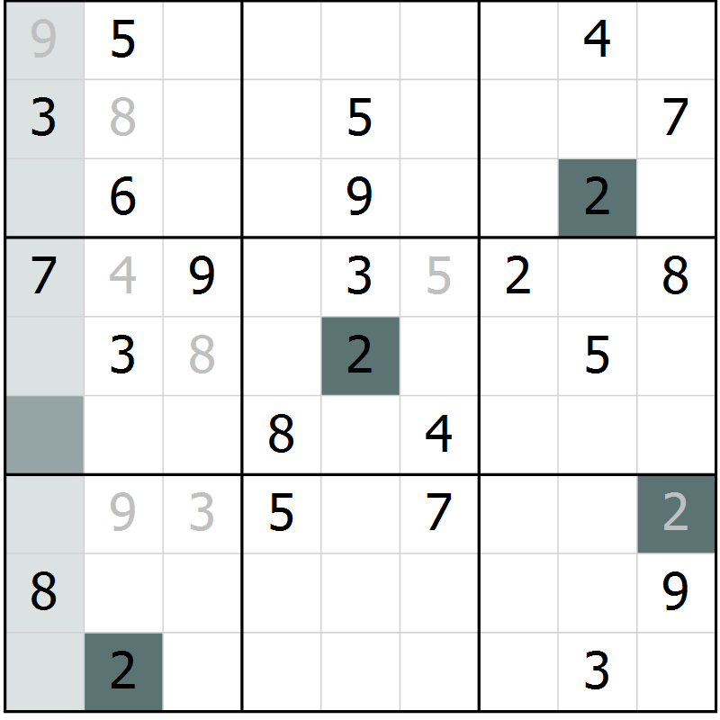 Position des candidats pour la solution de la Gr 9 page 11 du magazine de sudoku Success n° 007