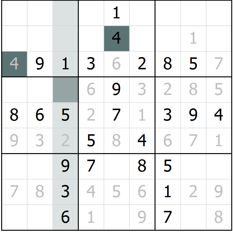 Position des candidats pour la solution de la Gr 36 page 38 du magazine de sudoku Success n° 020