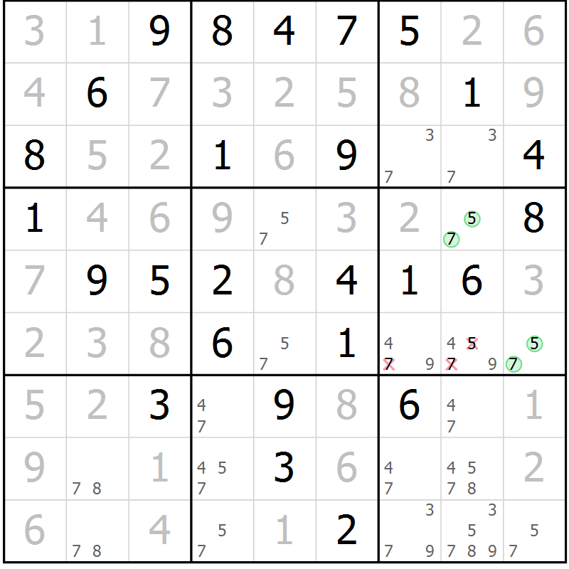 Position des candidats pour la solution de la Gr 54 page 56 du magazine de sudoku Success n° 020