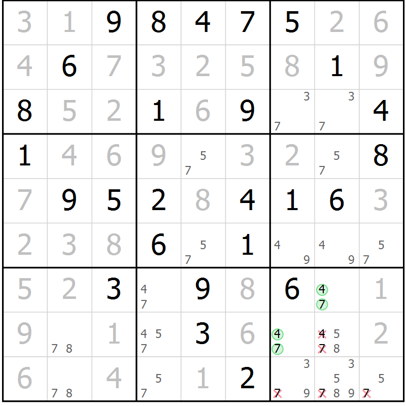 Position des candidats pour la solution de la Gr 54 page 56 du magazine de sudoku Success n° 020