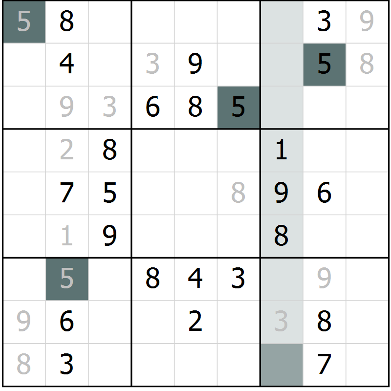 Position des candidats pour la solution de la Gr 55 page 57 du magazine de sudoku Success n° 020
