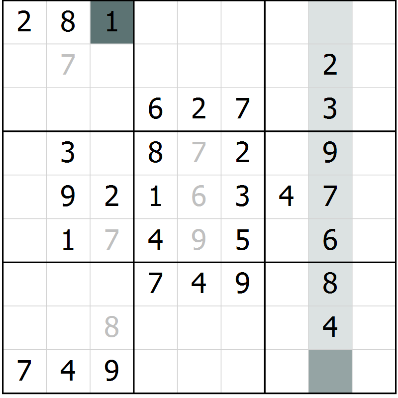 Position des candidats pour la solution de la Gr 57 page 59 du magazine de sudoku Success n° 020