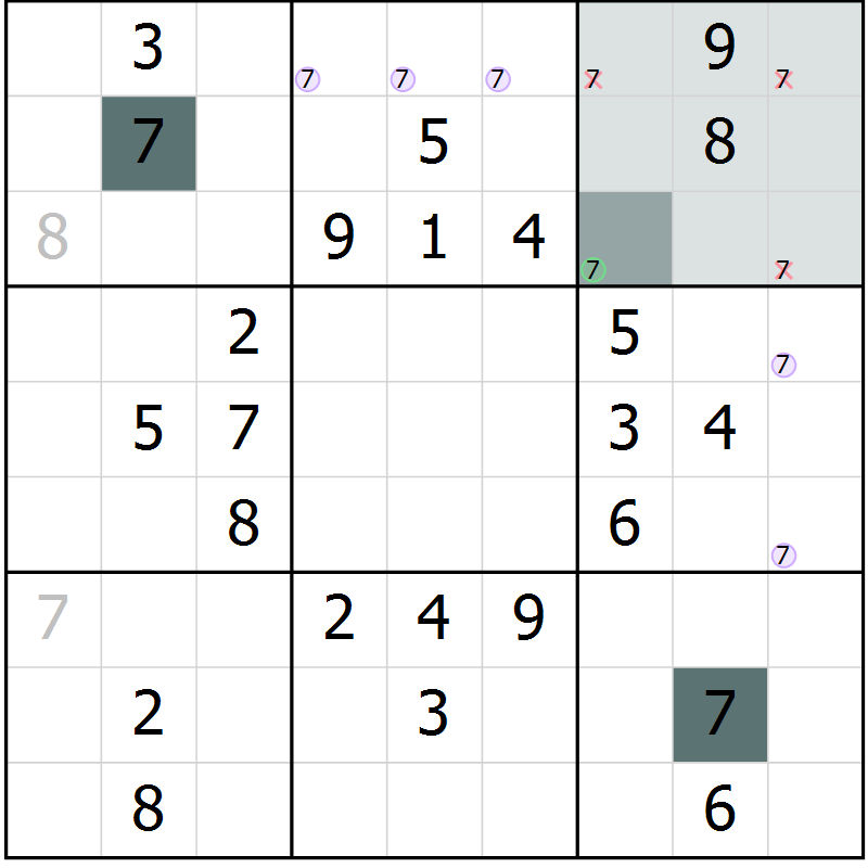Position des candidats pour la solution de la Gr 59 page 61 du magazine de sudoku Success n° 020