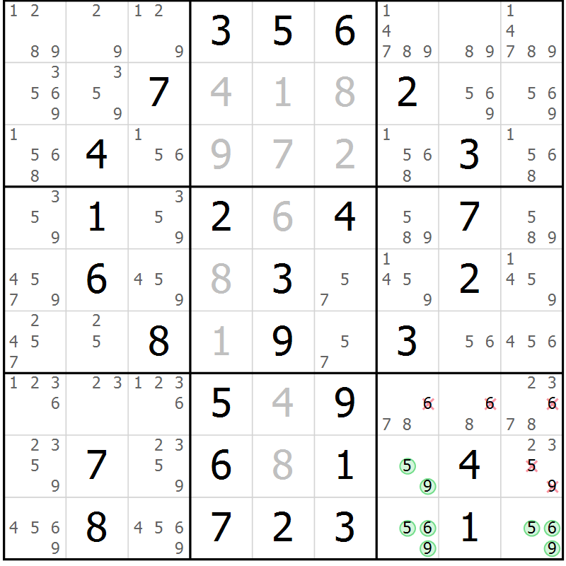 Position des candidats pour la solution de la Gr 61 page 63 du magazine de sudoku Success n° 020