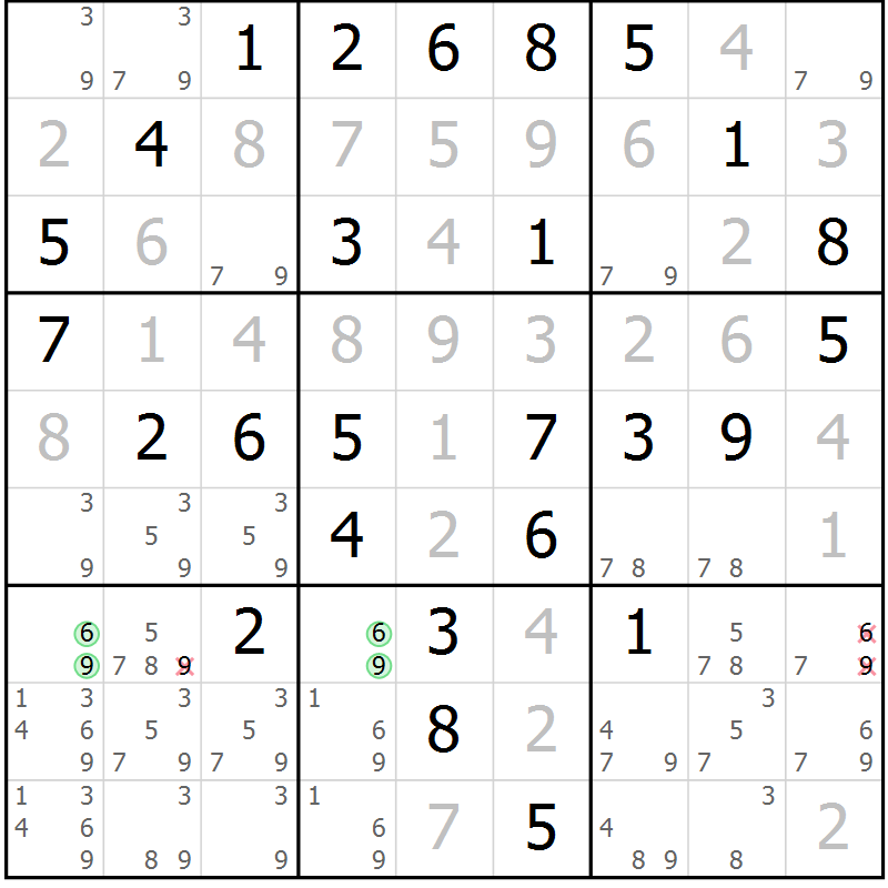 Position des candidats pour la solution de la Gr 67 page 69 du magazine de sudoku Success n° 020