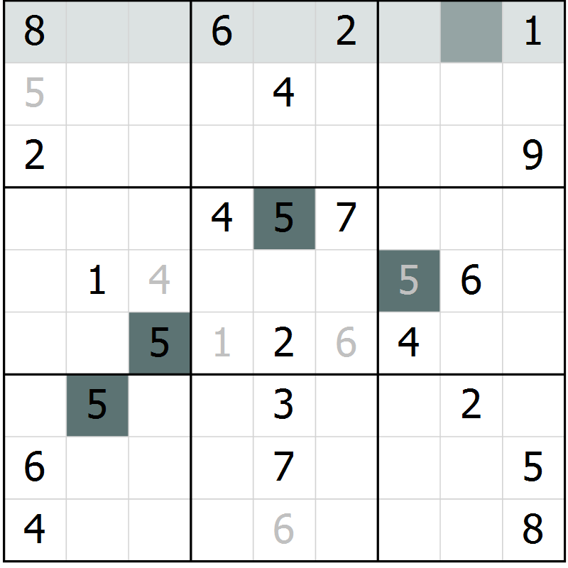 Position des candidats pour la solution de la Gr 10 page 12 du magazine de sudoku SUDOKU SUCCESS n° 022