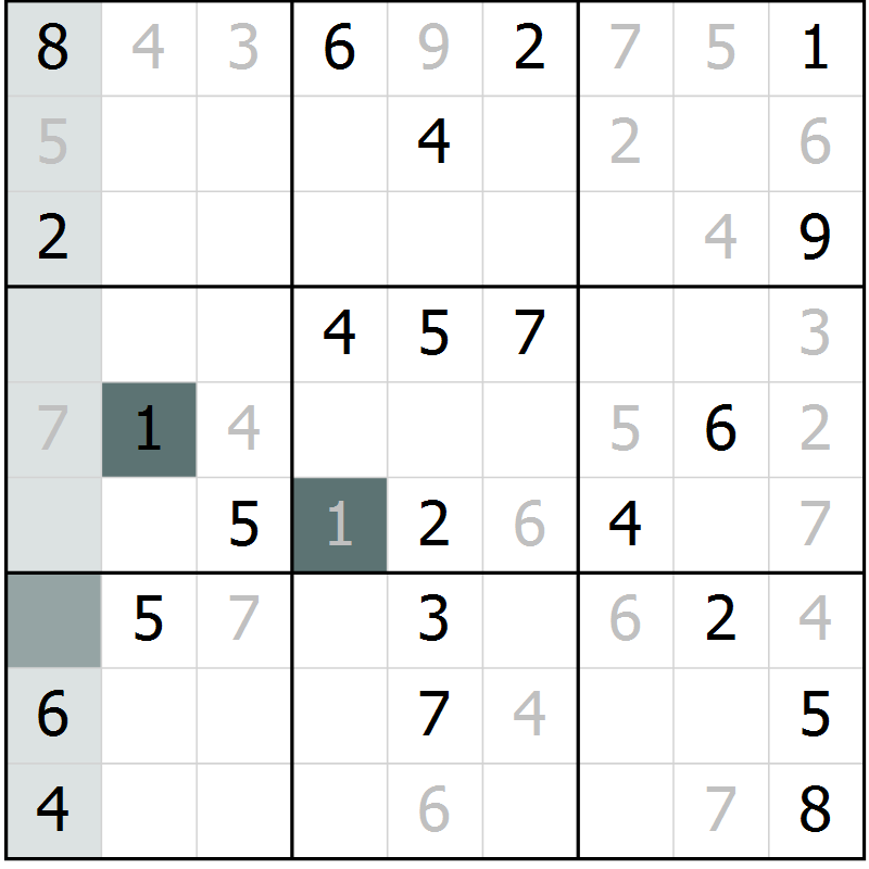 Position des candidats pour la solution de la Gr 10 page 12 du magazine de sudoku SUDOKU SUCCESS n° 022