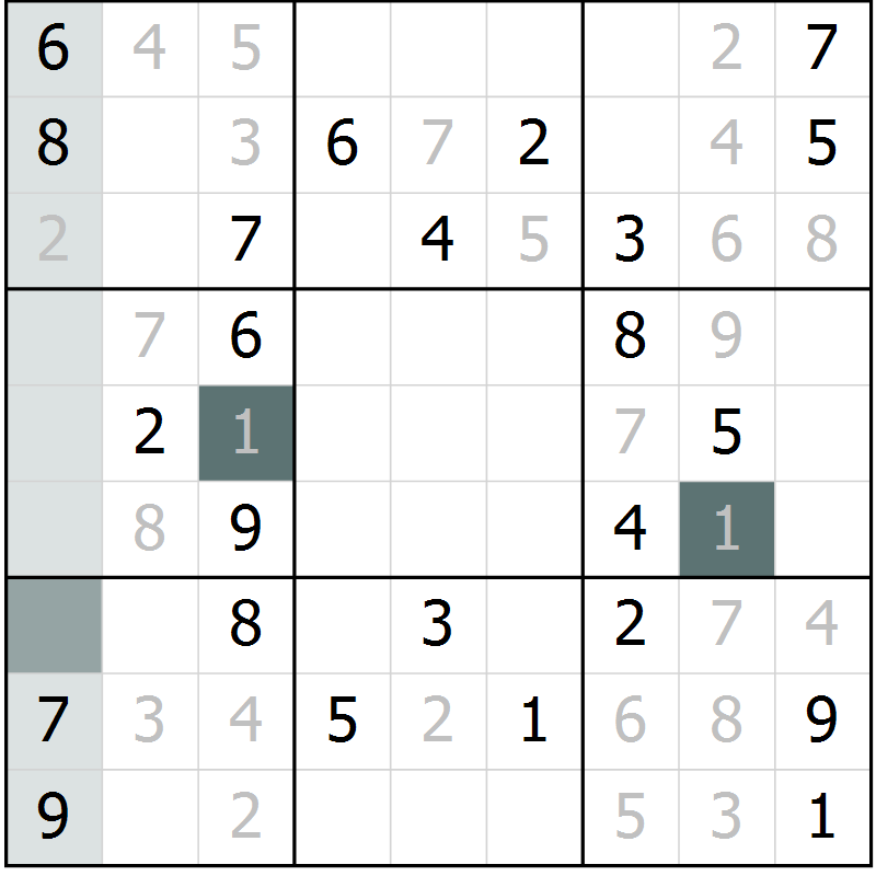 Position des candidats pour la solution de la Gr 14 page 16 du magazine de sudoku SUDOKU SUCCESS n° 022
