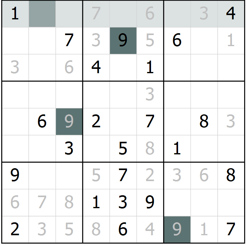 Position des candidats pour la solution de la Gr 19 page 21 du magazine de sudoku SUDOKU SUCCESS n° 022