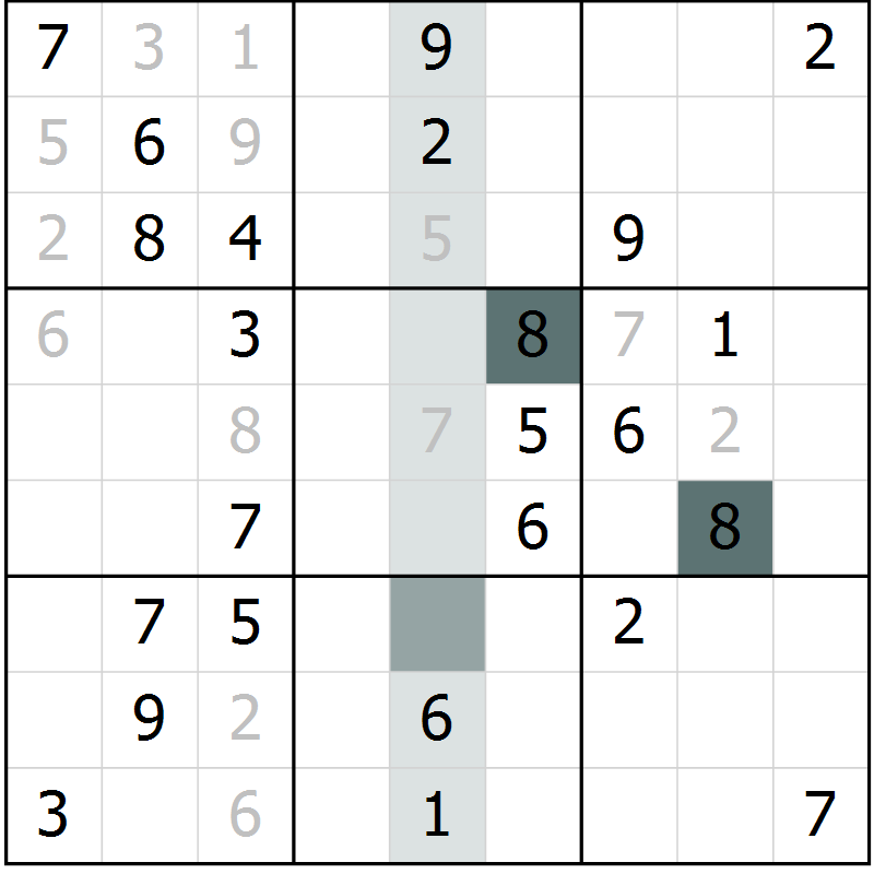 Position des candidats pour la solution de la Gr 28 page 30 du magazine de sudoku SUDOKU SUCCESS n° 022